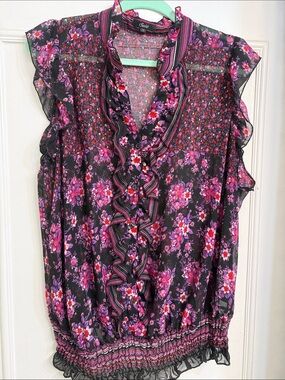 Sleeveless Floral Ruffle Blouse - Black with Pink & Purple Flowers